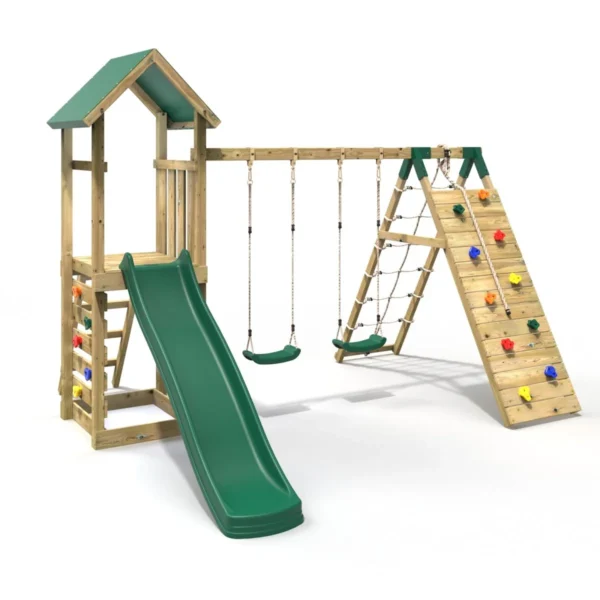 Rebo Challenge Wooden Climbing Frame with Swings, Slide and Up & over Climbing wall - Greenhorn - Image 3