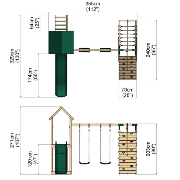 Rebo Challenge Wooden Climbing Frame with Swings, Slide and Up & over Climbing wall - Greenhorn - Image 2