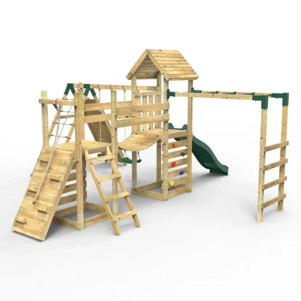 Rebo Double Tower Climbing Frame with Flexible Bridge, Swing & Slide - Dolomite - Image 2