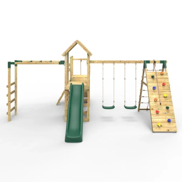 Rebo Double Tower Climbing Frame with Flexible Bridge, Swing & Slide - Dolomite - Image 5