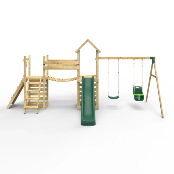 Rebo Double Tower Climbing Frame with Flexible Bridge, Swing & Slide - Rainier