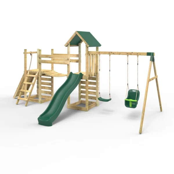 Rebo Double Tower Climbing Frame with Flexible Bridge, Swing & Slide - Rainier - Image 6