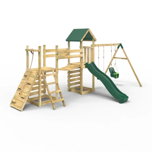 Rebo Double Tower Climbing Frame with Flexible Bridge, Swing & Slide - Rainier - Image 5