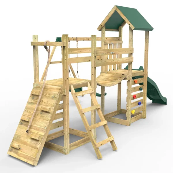 Rebo Double Tower Climbing Frame with Flexible Bridge, Swing & Slide - Rainier - Image 7