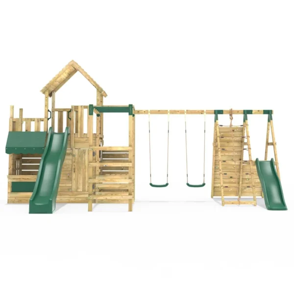 Rebo Modular Wooden Climbing Frame Playset - M27 Double Swing, Monkey Bars & Den - Image 3