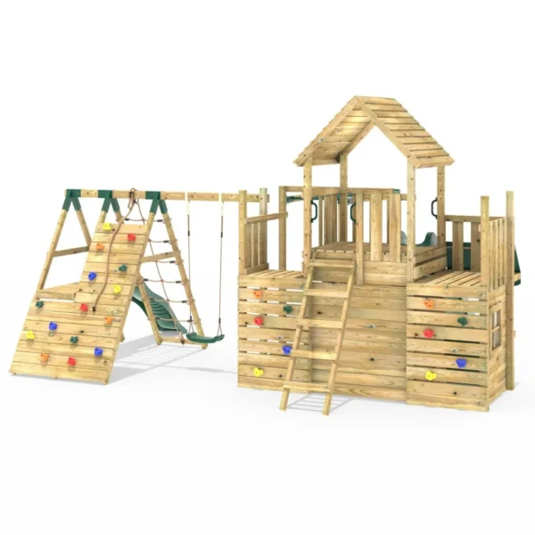 Rebo Modular Wooden Climbing Frame Playset - M27 Single Swing, Monkey Bars & Den - Image 4