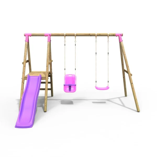 Rebo Odyssey Wooden Swing Set with Platform and Slide - Pink - Image 5