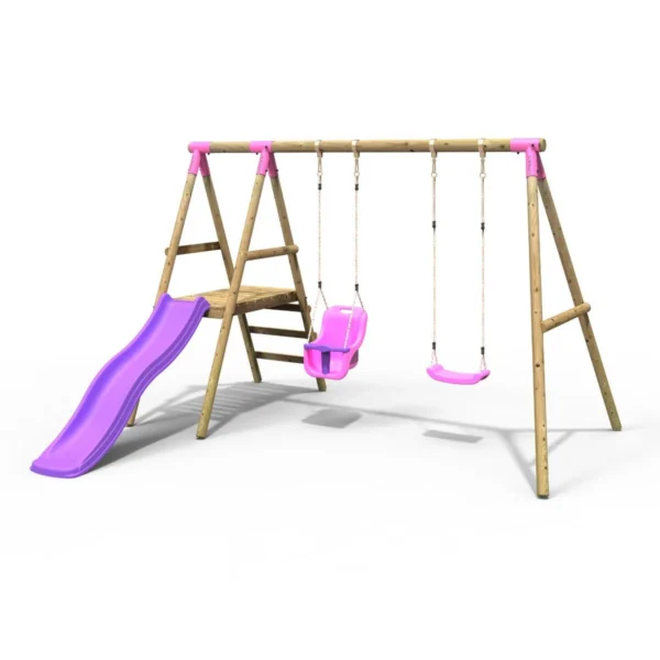 Rebo Odyssey Wooden Swing Set with Platform and Slide - Pink - Image 6