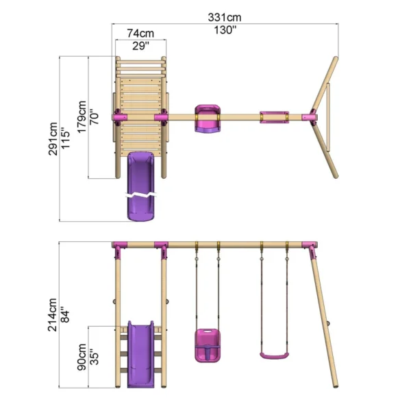 Rebo Odyssey Wooden Swing Set with Platform and Slide - Pink - Image 2