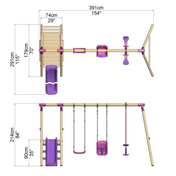 Rebo Voyager Wooden Swing Set with Platform and Slide Pink - Image 2