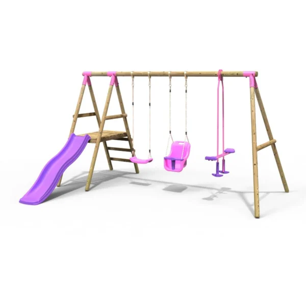 Rebo Voyager Wooden Swing Set with Platform and Slide Pink - Image 5