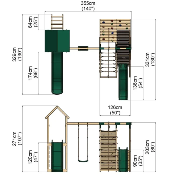 Rebo Wooden Climbing Frame with Swings, 6+8FT Slides & Climbing Wall - Alverstone - Image 2