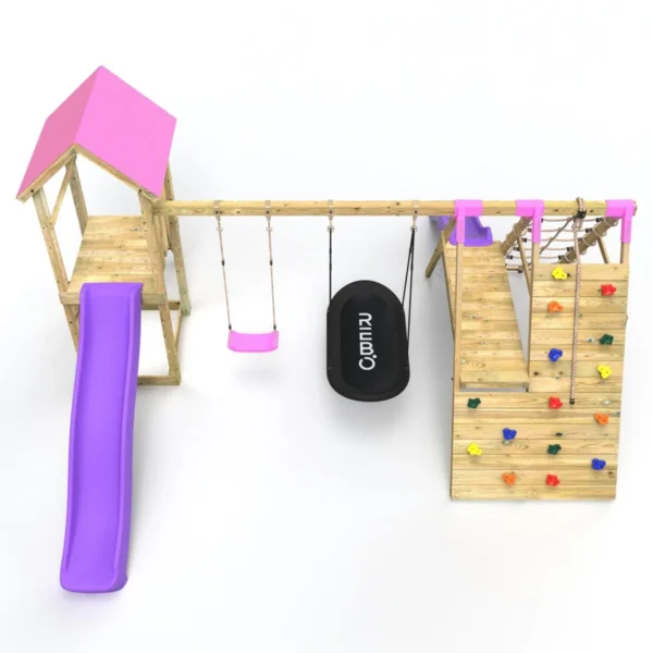 Rebo Wooden Climbing Frame with Swings, 6+8FT Slides & Climbing Wall - San Luis Pink - Image 4