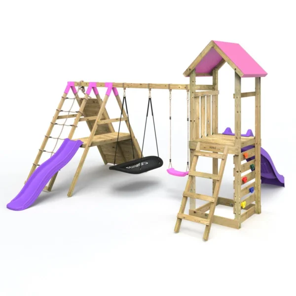 Rebo Wooden Climbing Frame with Swings, 6+8FT Slides & Climbing Wall - San Luis Pink - Image 3