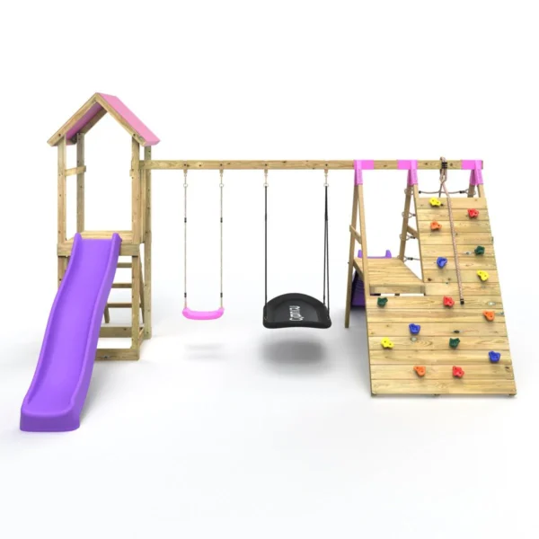 Rebo Wooden Climbing Frame with Swings, 6+8FT Slides & Climbing Wall - San Luis Pink - Image 5