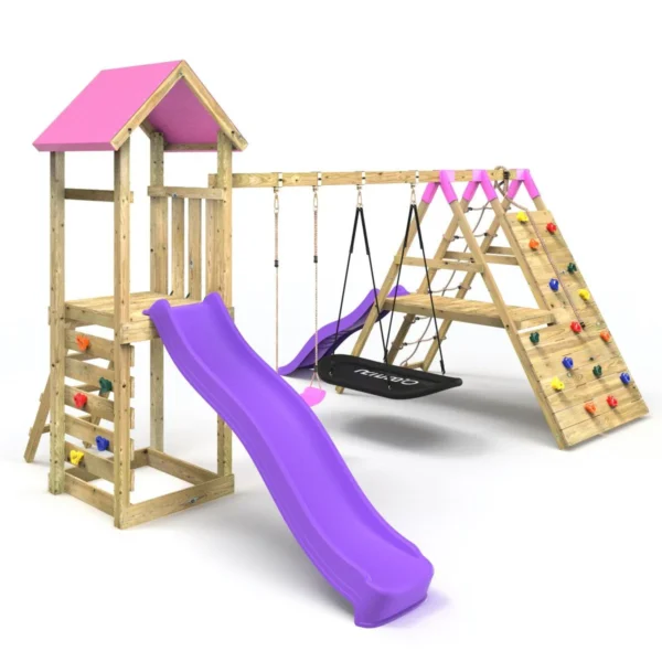 Rebo Wooden Climbing Frame with Swings, 6+8FT Slides & Climbing Wall - San Luis Pink - Image 6