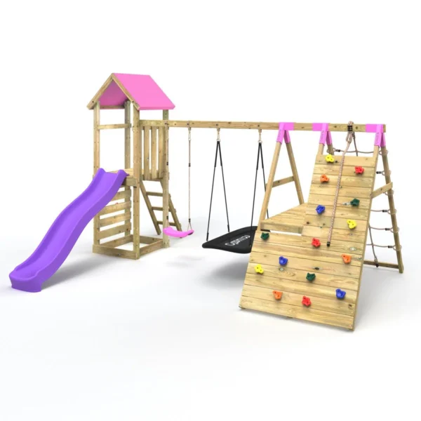 Rebo Wooden Climbing Frame with Swings, 6+8FT Slides & Climbing Wall - San Luis Pink - Image 7