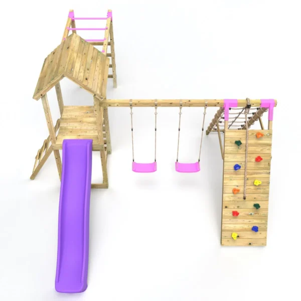 Rebo Wooden Climbing Frame with Swings, Slide, Up & over Climbing wall and Monkey Bars - Dolomite Pink - Image 4