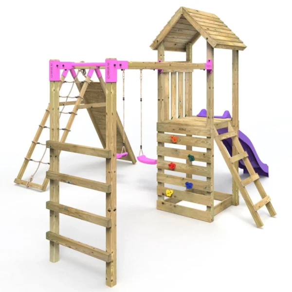 Rebo Wooden Climbing Frame with Swings, Slide, Up & over Climbing wall and Monkey Bars - Dolomite Pink - Image 3