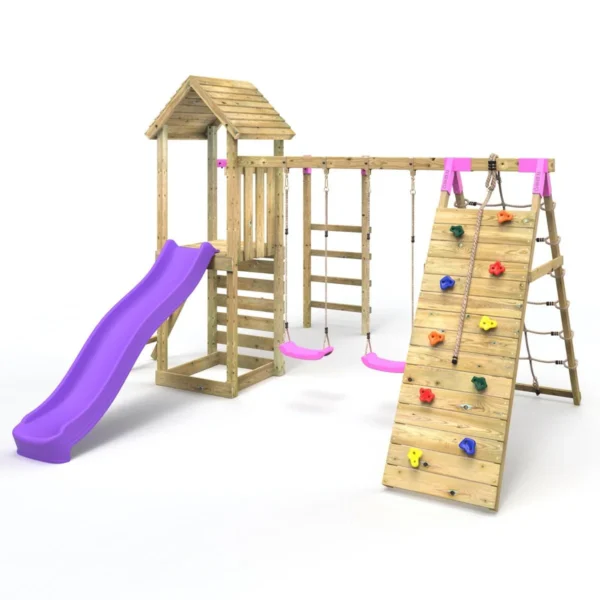 Rebo Wooden Climbing Frame with Swings, Slide, Up & over Climbing wall and Monkey Bars - Dolomite Pink - Image 8