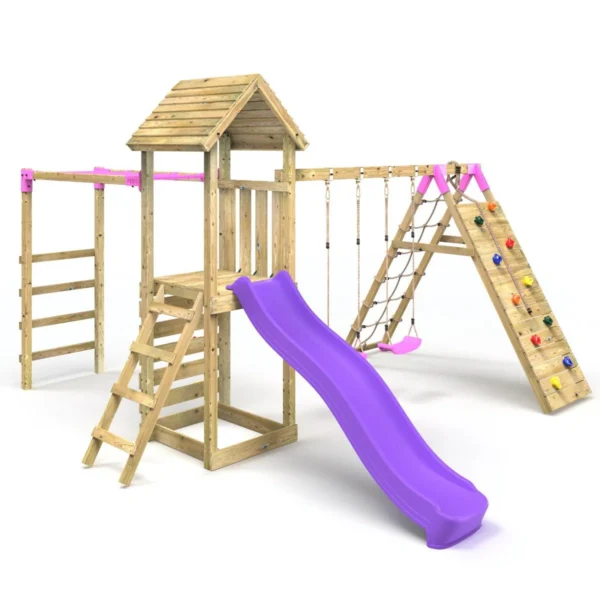 Rebo Wooden Climbing Frame with Swings, Slide, Up & over Climbing wall and Monkey Bars - Dolomite Pink - Image 7