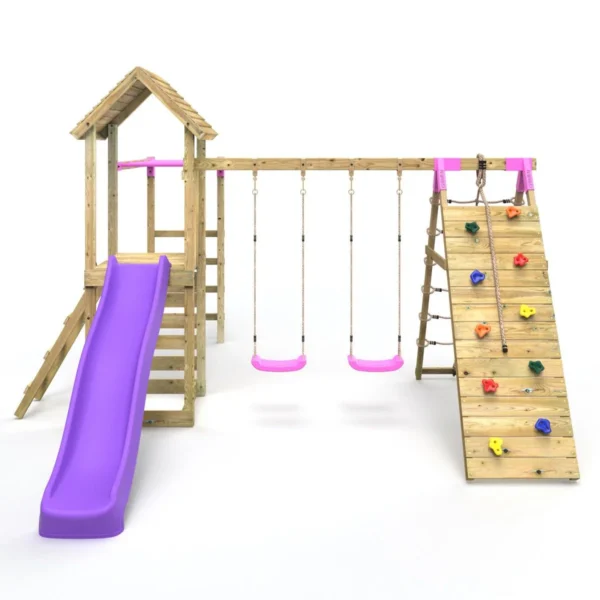 Rebo Wooden Climbing Frame with Swings, Slide, Up & over Climbing wall and Monkey Bars - Dolomite Pink - Image 6