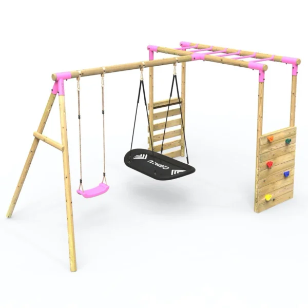 Rebo Wooden Garden Swing Set with Extra-Long Monkey Bars - Sage Pink - Image 5