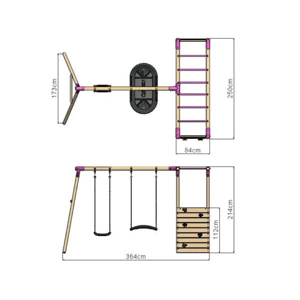 Rebo Wooden Garden Swing Set with Extra-Long Monkey Bars - Sage Pink - Image 2