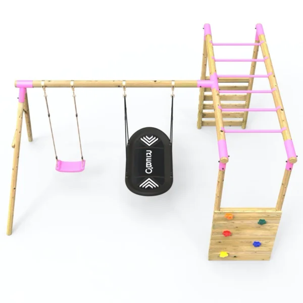 Rebo Wooden Garden Swing Set with Extra-Long Monkey Bars - Sage Pink - Image 3