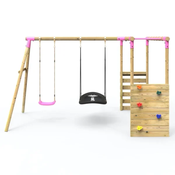 Rebo Wooden Garden Swing Set with Extra-Long Monkey Bars - Sage Pink - Image 6