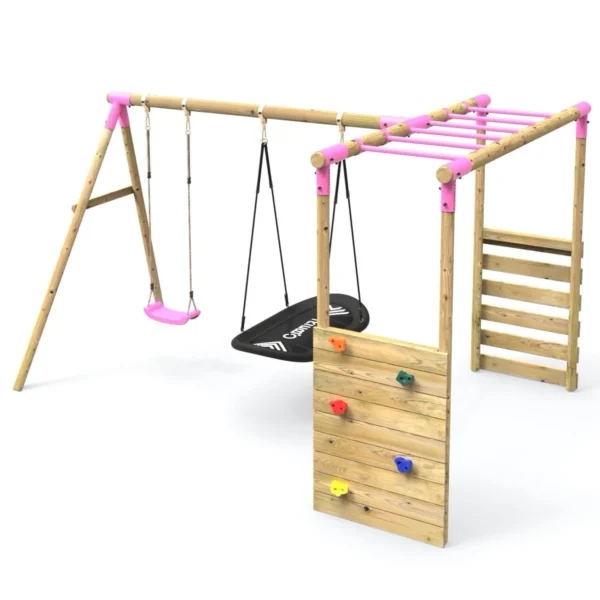 Rebo Wooden Garden Swing Set with Extra-Long Monkey Bars - Sage Pink - Image 7