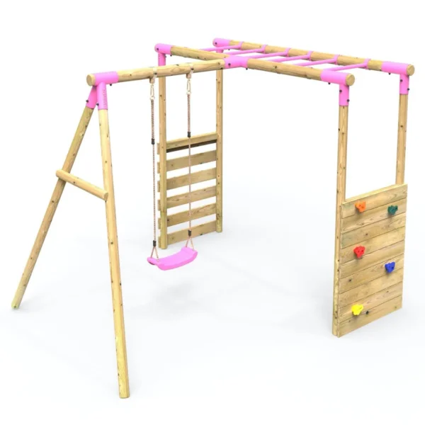 Rebo Wooden Garden Swing Set with Extra-Long Monkey Bars - Solar Pink - Image 3