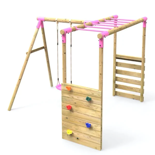 Rebo Wooden Garden Swing Set with Extra-Long Monkey Bars - Solar Pink - Image 7