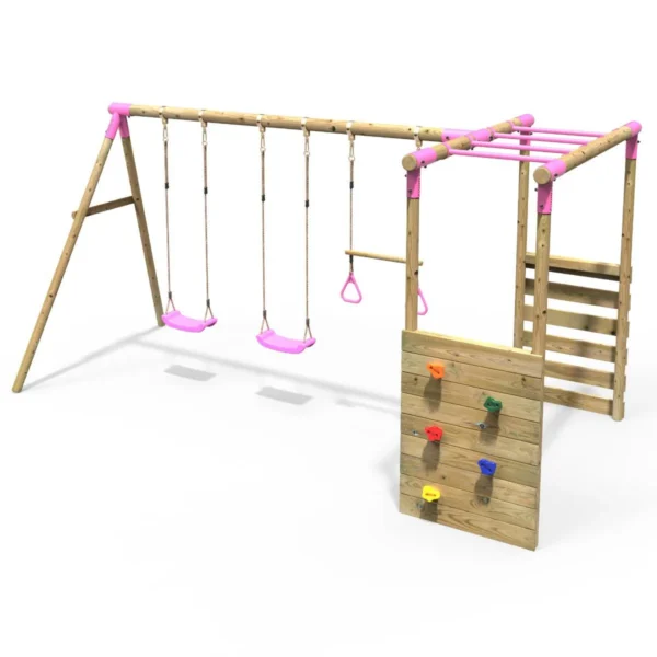 Rebo Wooden Triple Garden Swing Sets - Neptune Pink