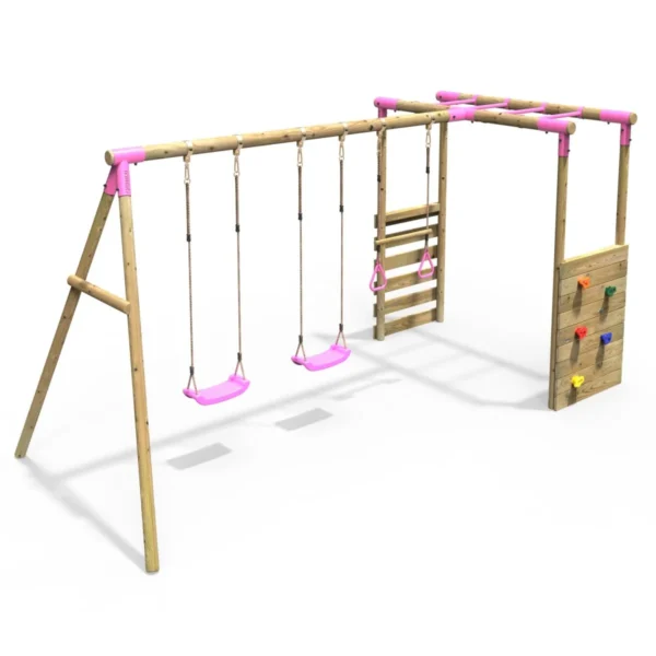 Rebo Wooden Garden Swing Set with Monkey Bars - Comet Pink - Image 2