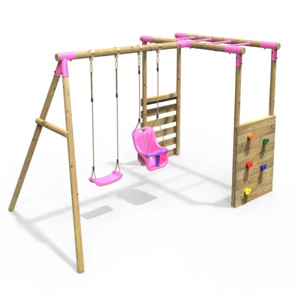 Rebo Wooden Garden Swing Set with Monkey Bars - Luna Pink