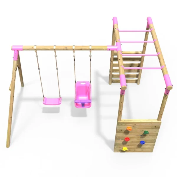 Rebo Wooden Garden Swing Set with Monkey Bars - Luna Pink - Image 5