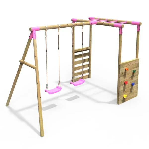 Rebo Wooden Garden Swing Set with Monkey Bars - Venus Pink - Image 3