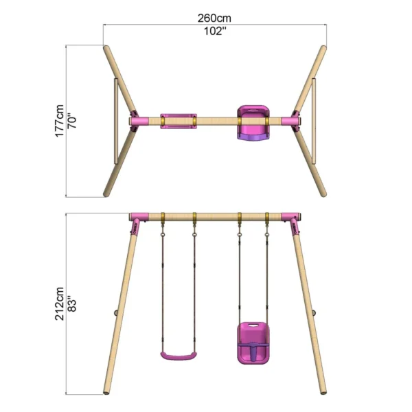 Rebo Wooden Garden Double Swing Sets - Luna Pink - Image 2