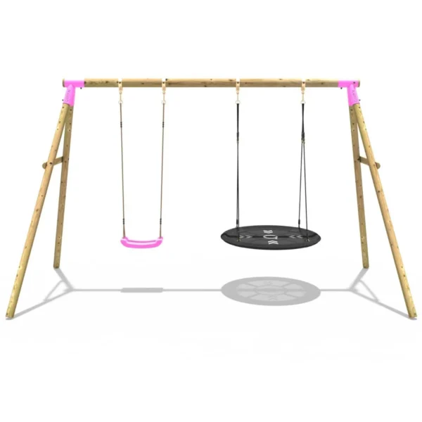 Rebo Wooden Garden Double Swing Set - Round Net + Standard Seat - Meteorite Pink - Image 4