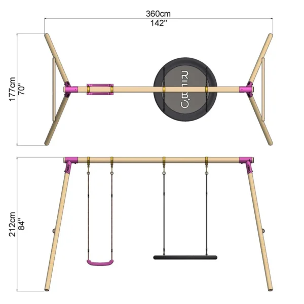 Rebo Wooden Garden Double Swing Set - Round Net + Standard Seat - Meteorite Pink - Image 2