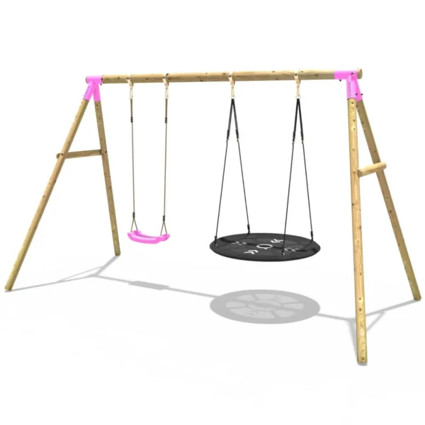 Rebo Wooden Garden Double Swing Set - Round Net + Standard Seat - Meteorite Pink - Image 5