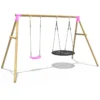 Rebo Wooden Garden Double Swing Set - Round Net + Standard Seat - Meteorite Pink