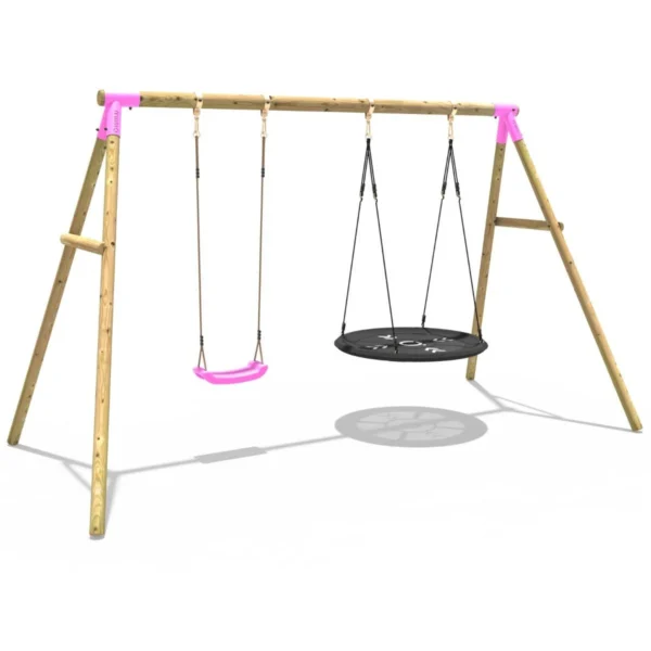 Rebo Wooden Garden Double Swing Set - Round Net + Standard Seat - Meteorite Pink