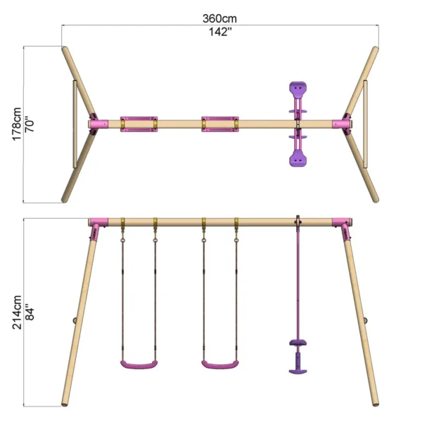 Rebo Wooden Triple Garden Swing Sets - Neptune Pink - Image 2