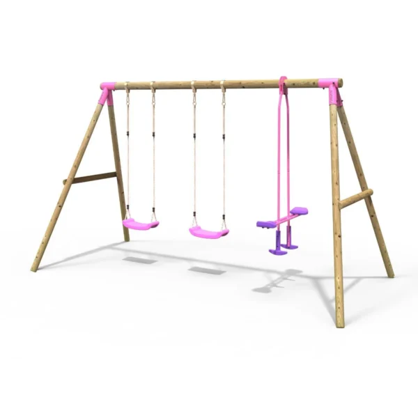 Rebo Wooden Triple Garden Swing Sets - Neptune Pink - Image 5