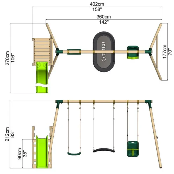 Rebo Wooden Swing Set plus Deck & Slide - Halley Green - Image 5