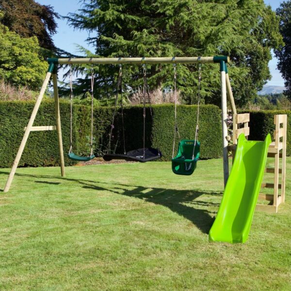 Rebo Wooden Swing Set plus Deck & Slide - Halley Green - Image 2