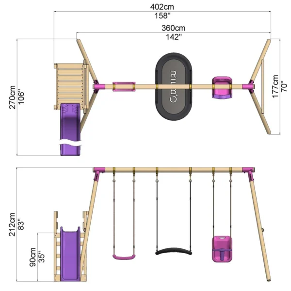 Rebo Wooden Swing Set plus Deck & Slide - Halley Pink - Image 2