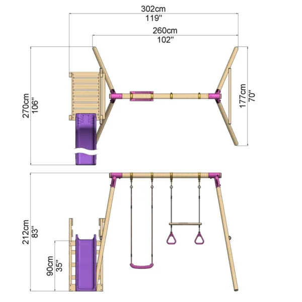 Rebo Wooden Swing Set plus Deck & Slide - Janus Pink - Image 2